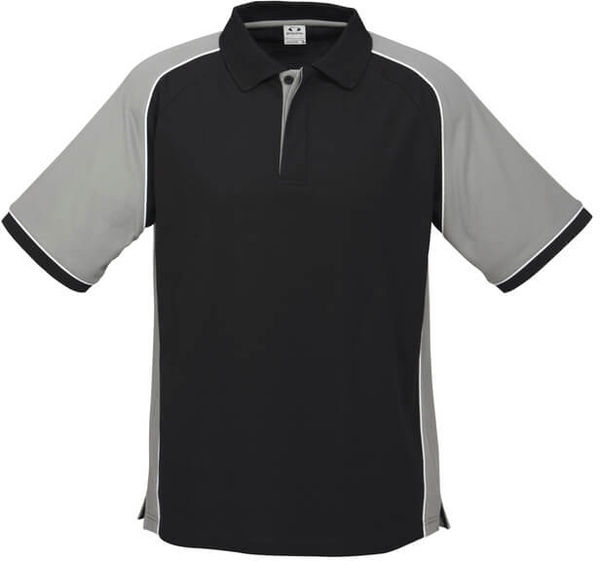 Am image of a Custom Biz Collection Mens Nitro Polo in Black/Grey/White!
