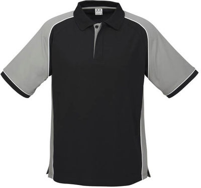 Am image of a Custom Biz Collection Mens Nitro Polo in Black/Grey/White!