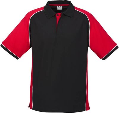 Am image of a Custom Biz Collection Mens Nitro Polo in Black/Red/White!