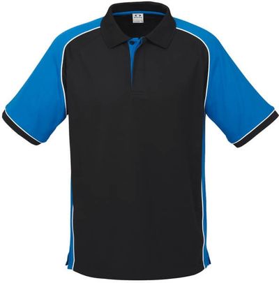 Am image of a Custom Biz Collection Mens Nitro Polo in Black/Royal/White!