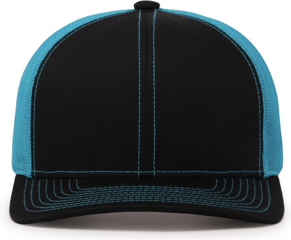 Am image of a Custom Pacific Headwear Trucker Snapback Hat in BLACK/ NEON BLUE!