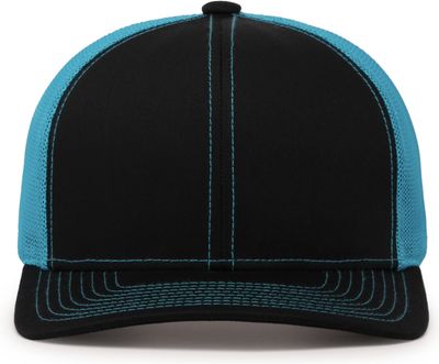 Am image of a Custom Pacific Headwear Trucker Snapback Hat in BLACK/ NEON BLUE!