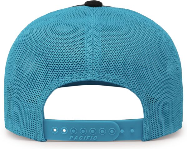 Am image of a Custom Pacific Headwear Trucker Snapback Hat in BLACK/ NEON BLUE!