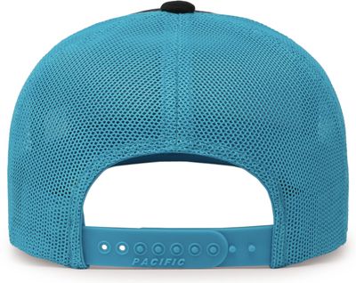 Am image of a Custom Pacific Headwear Trucker Snapback Hat in BLACK/ NEON BLUE!
