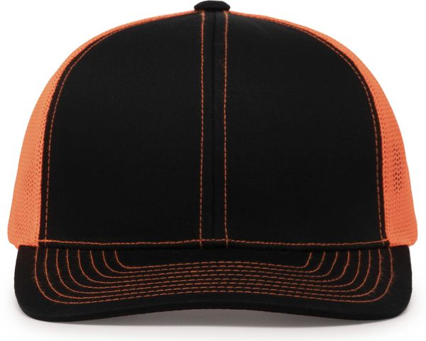 Am image of a Custom Pacific Headwear Trucker Snapback Hat in BLACK/ NEON ORNG!