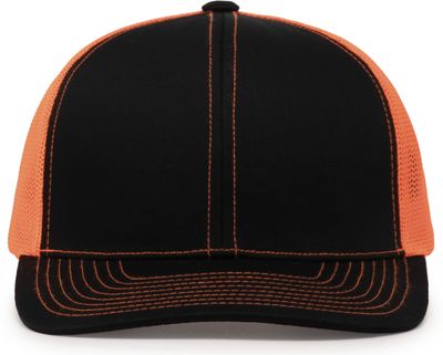 Am image of a Custom Pacific Headwear Trucker Snapback Hat in BLACK/ NEON ORNG!