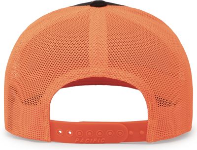 Am image of a Custom Pacific Headwear Trucker Snapback Hat in BLACK/ NEON ORNG!