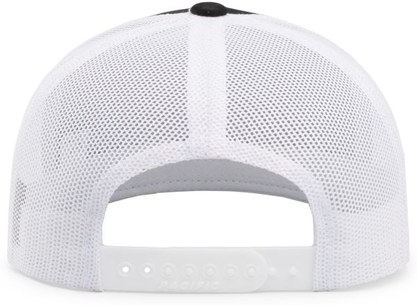 Am image of a Custom Pacific Headwear Trucker Snapback Hat in BLACK/ WHITE!