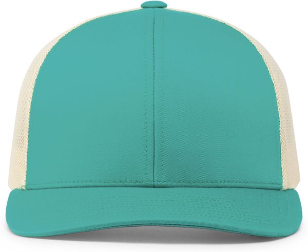 An image of a Custom Pacific Headwear Trucker Snapback Hat in TEAL/ BEIGE!