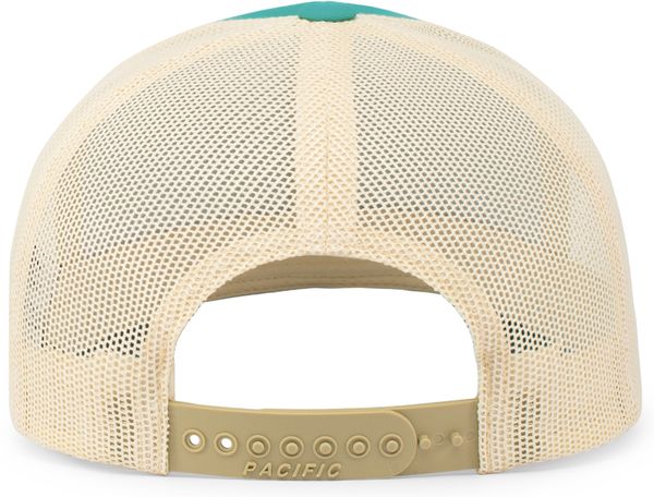 An image of a Custom Pacific Headwear Trucker Snapback Hat in TEAL/ BEIGE!