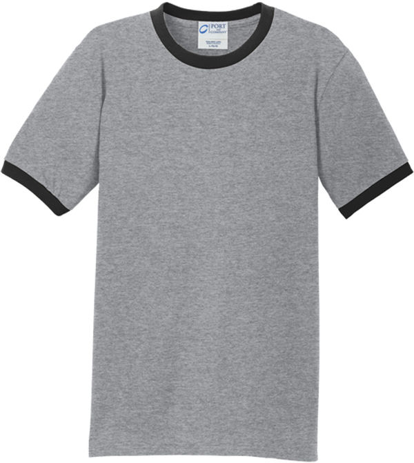An image of a Custom Port & Co Core Cotton Ringer Tee in Athletic Heather/Jet Black!