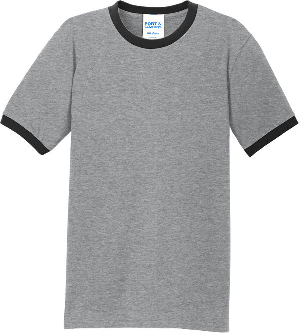 An image of a Custom Port & Co Core Cotton Ringer Tee in Athletic Heather/Jet Black!