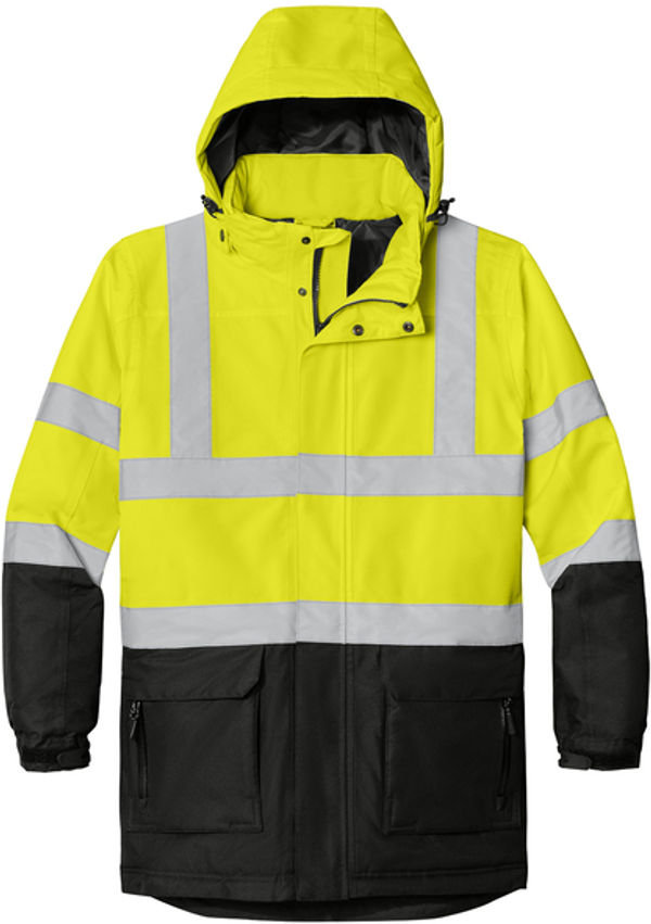An image of a Custom Port Authority ANSI 107 Class 3 Safety Heavyweight Parka in Safety Yellow/Black/Reflective!