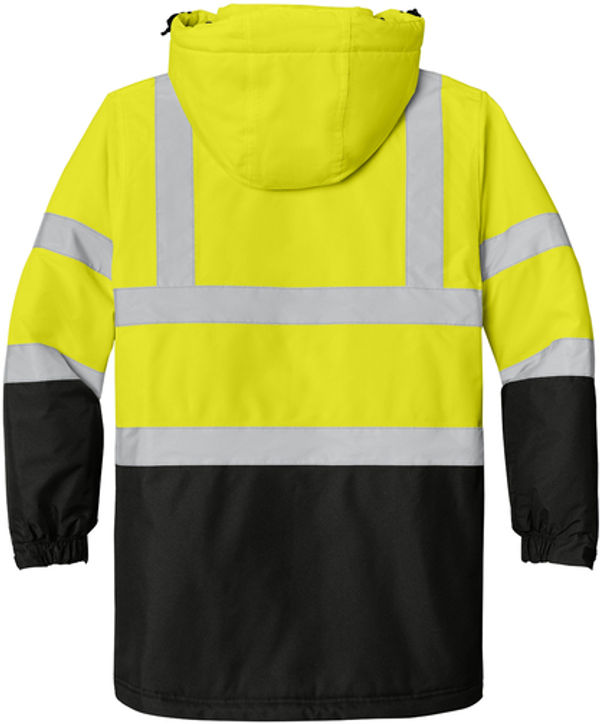 An image of a Custom Port Authority ANSI 107 Class 3 Safety Heavyweight Parka in Safety Yellow/Black/Reflective!