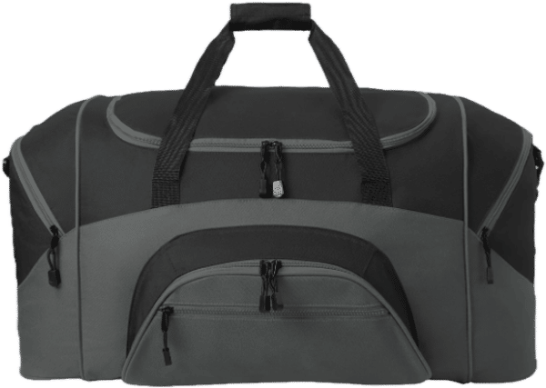 An image of a Custom Port Authority Standard Colorblock Sport Duffel Bag in Black/Dark Charcoal!