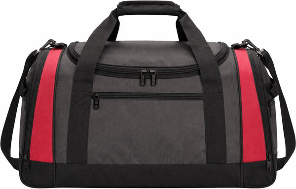 An image of a Custom Port Authority Voyager Sports Duffel Bag in Dark Grey/Red!