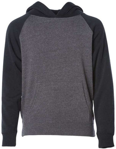 Am image of a Custom Independent Trading Co Youth Special Blend Raglan Hooded Sweatshirt in Carbon/Black!