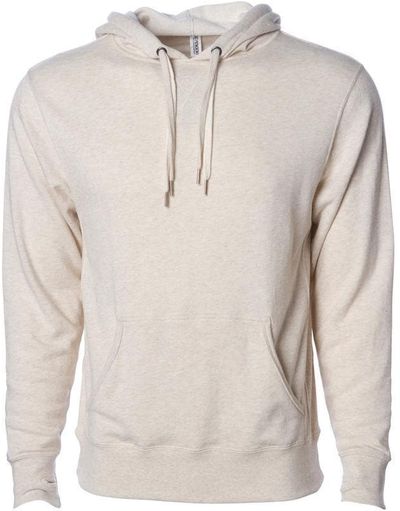 Am image of a Custom Independent Trading Co Unisex Heather French Terry Hooded Pullover in Oatmeal Heather!