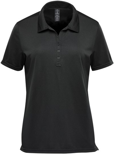 Am image of a Custom Stormtech Women's Treeline Performance Short Sleeve Polo in Black!