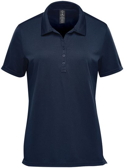 Am image of a Custom Stormtech Women's Treeline Performance Short Sleeve Polo in Navy!