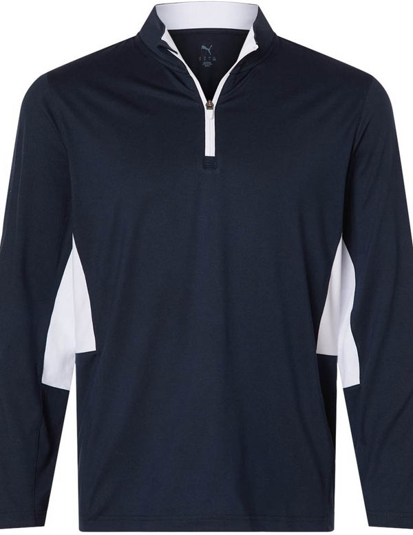 An image of a Custom Puma Golf Men's Pure 2.0 Quarter Zip in Deep Navy/White!