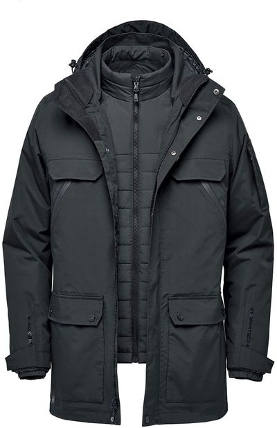Am image of a Custom Stormtech Mens Fairbanks 5 in 1 System Jacket in Black!