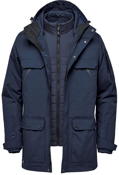 Am image of a Custom Stormtech Mens Fairbanks 5 in 1 System Jacket in Navy!
