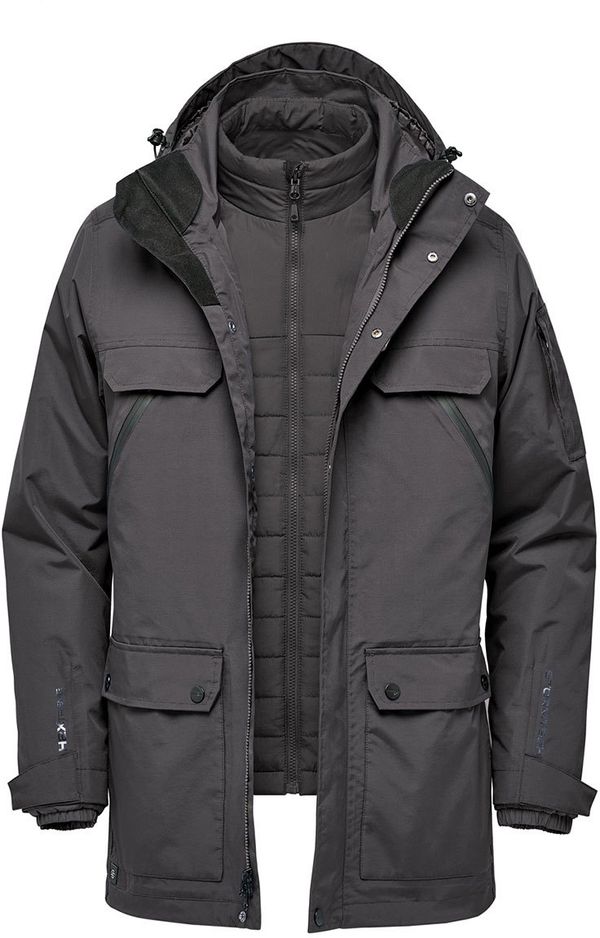 Am image of a Custom Stormtech Mens Fairbanks 5 in 1 System Jacket in Graphite!