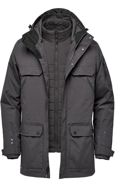 Am image of a Custom Stormtech Mens Fairbanks 5 in 1 System Jacket in Graphite!
