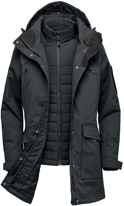 Am image of a Custom Stormtech Womens Fairbanks 5 in 1 System Jacket in Black!