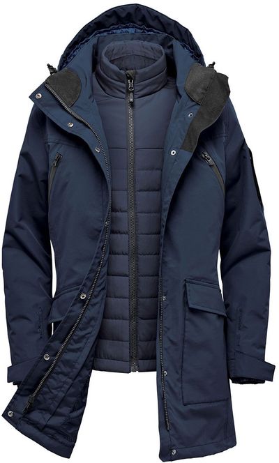 Am image of a Custom Stormtech Womens Fairbanks 5 in 1 System Jacket in Navy!