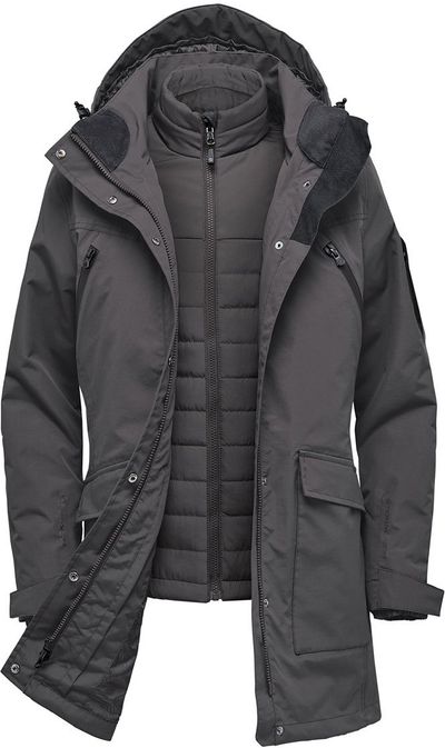 Am image of a Custom Stormtech Womens Fairbanks 5 in 1 System Jacket in Graphite!
