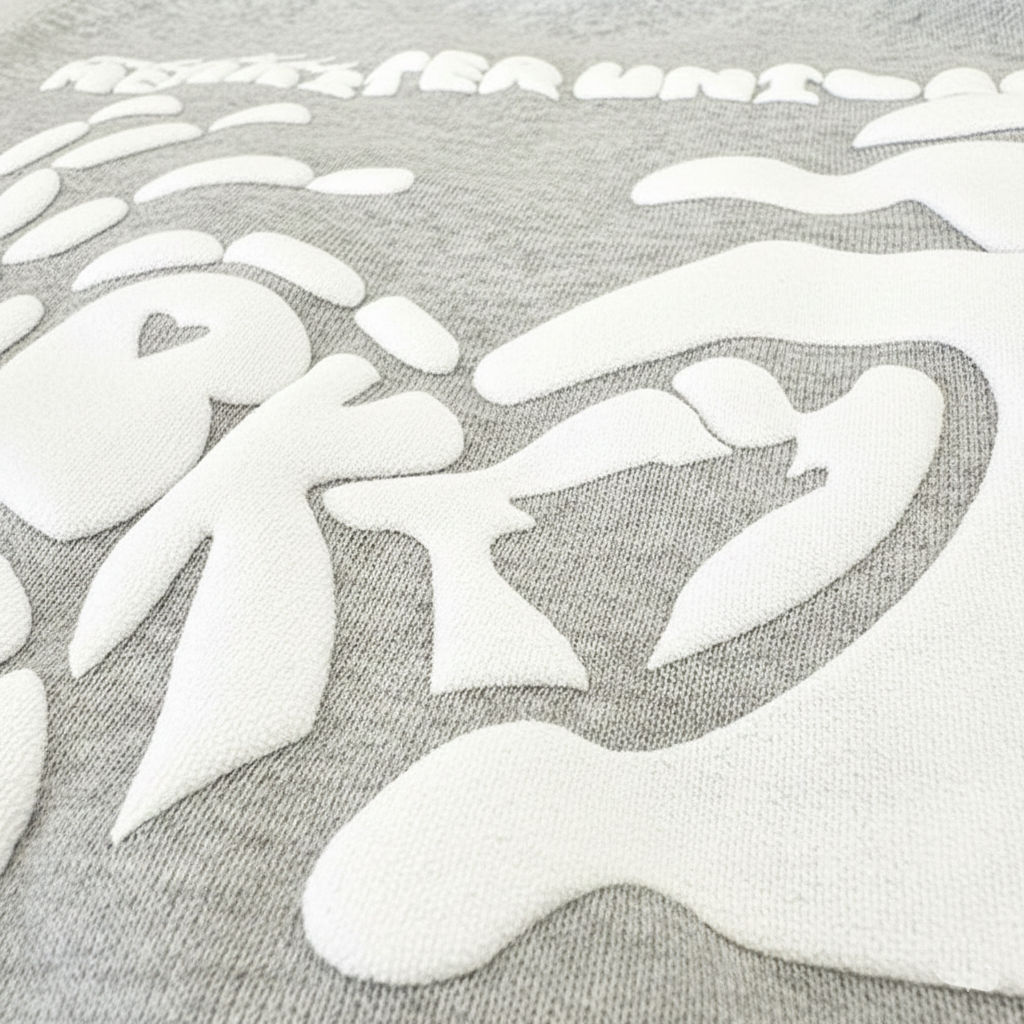 A close up example of a 3d puff screen printed shirt.