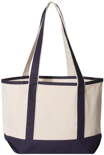 Am image of a Custom Qtees 20L Small Deluxe Tote in Natural/Navy!