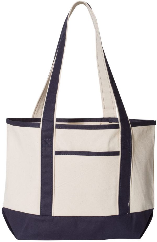Am image of a Custom Qtees 20L Small Deluxe Tote in Natural/Navy!