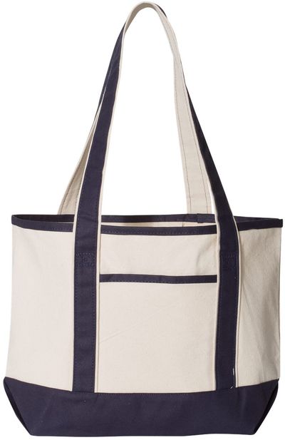 Am image of a Custom Qtees 20L Small Deluxe Tote in Natural/Navy!