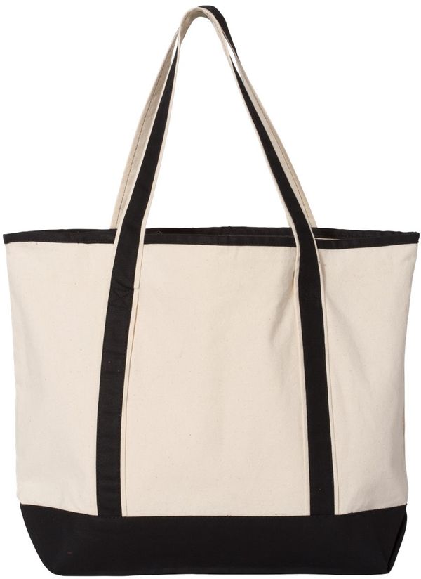 Am image of a Custom Qtees 34.6L Large Canvas Deluxe Tote in Natural/Black!