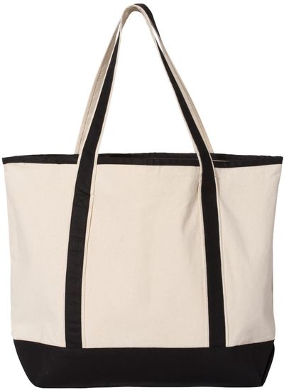 Am image of a Custom Qtees 34.6L Large Canvas Deluxe Tote in Natural/Black!