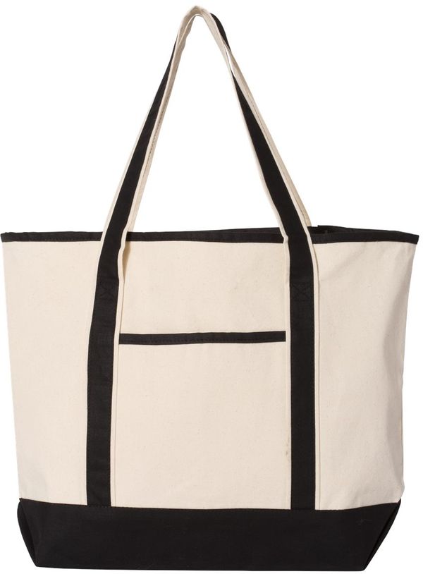 Am image of a Custom Qtees 34.6L Large Canvas Deluxe Tote in Natural/Black!