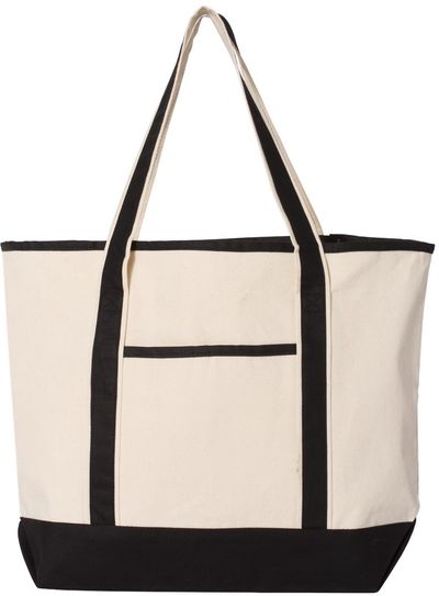 Am image of a Custom Qtees 34.6L Large Canvas Deluxe Tote in Natural/Black!