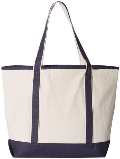 Am image of a Custom Qtees 34.6L Large Canvas Deluxe Tote in Natural/Navy!