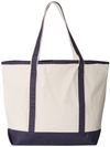Am image of a Custom Qtees 34.6L Large Canvas Deluxe Tote in Natural/Navy!