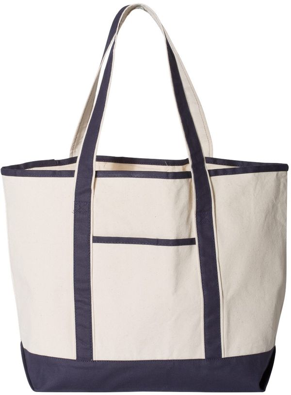 Am image of a Custom Qtees 34.6L Large Canvas Deluxe Tote in Natural/Navy!