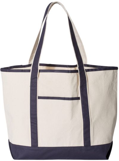 Am image of a Custom Qtees 34.6L Large Canvas Deluxe Tote in Natural/Navy!