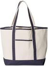 Am image of a Custom Qtees 34.6L Large Canvas Deluxe Tote in Natural/Navy!