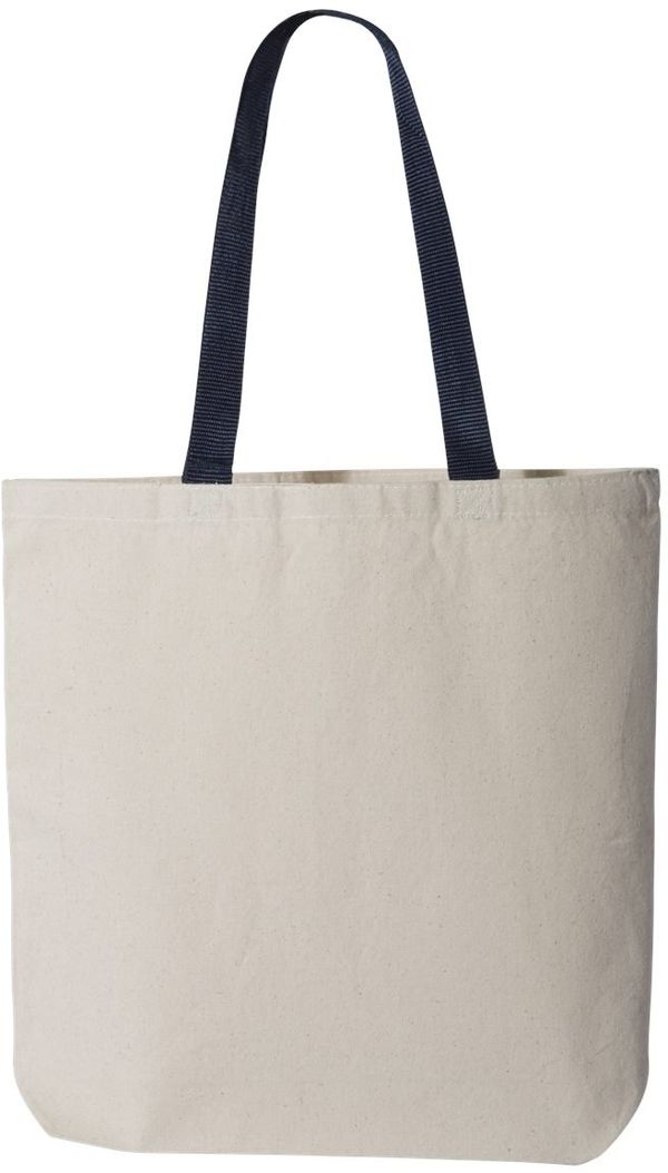 Am image of a Custom QTees 11L Canvas Tote with Contrast Color Handles in Natural Navy!