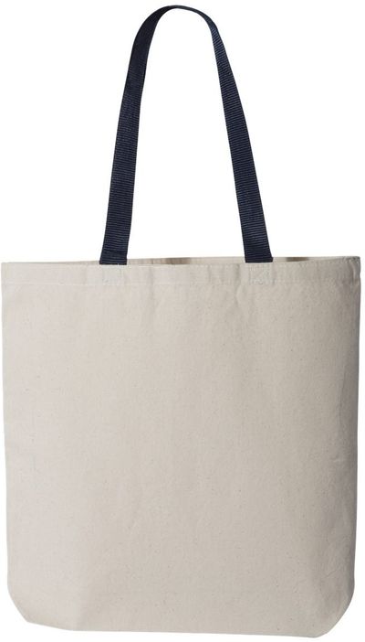Am image of a Custom QTees 11L Canvas Tote with Contrast Color Handles in Natural Navy!