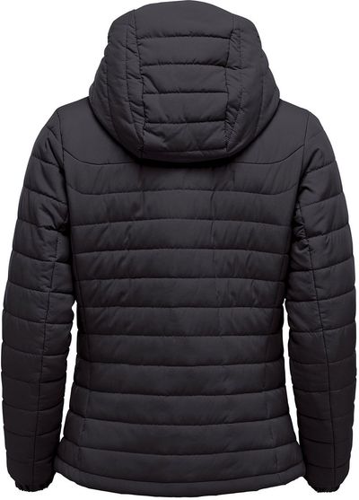 Am image of a Custom Stormtech Womens Nautilus Quilted Hoody in Black!