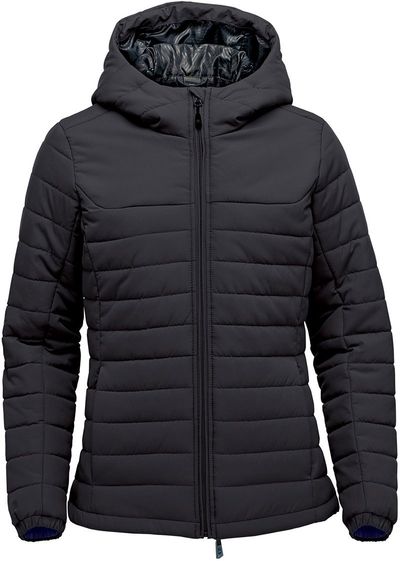 Am image of a Custom Stormtech Womens Nautilus Quilted Hoody in Black!