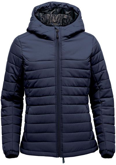 Am image of a Custom Stormtech Womens Nautilus Quilted Hoody in Navy!